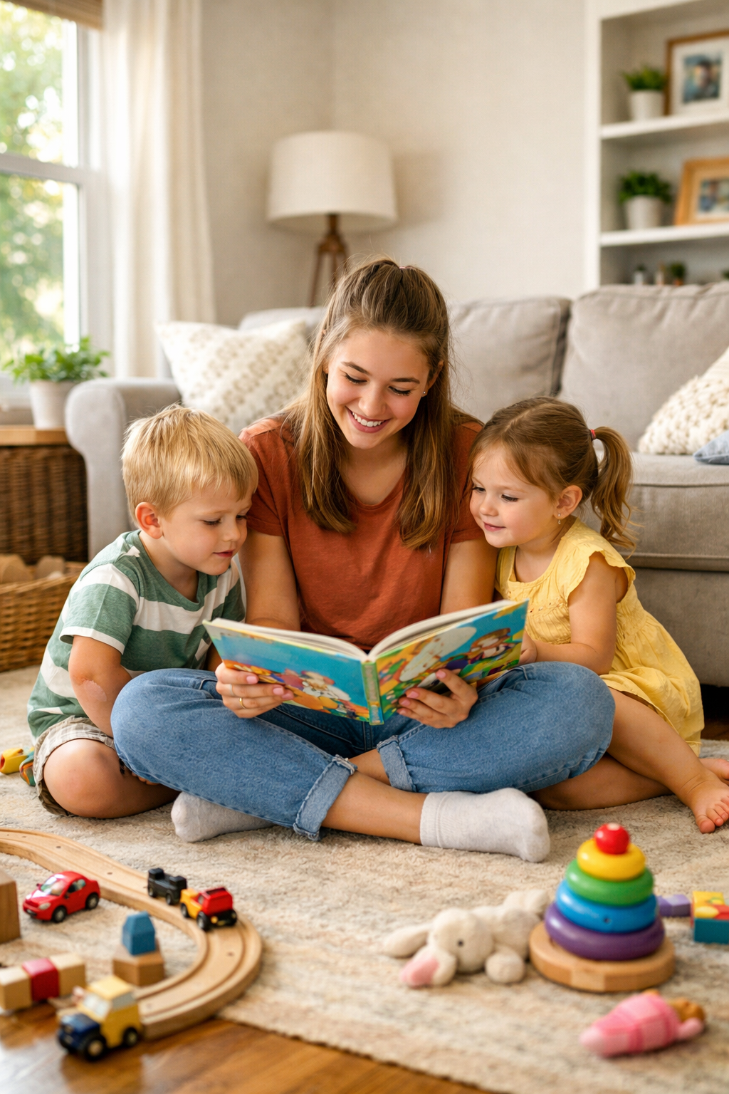 Babysitter reading with children